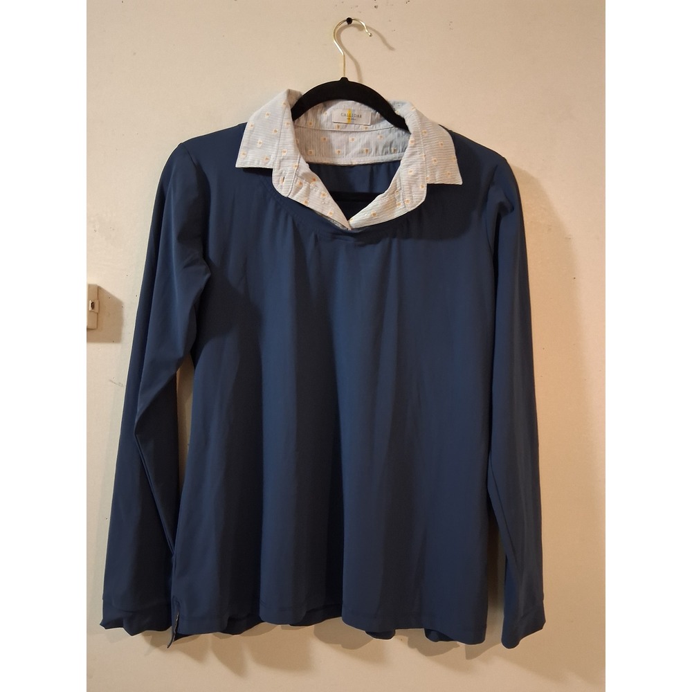 Callidae Navy Blue Long Sleeve Equestrian Sun Shirt Patterned Collar Womens L